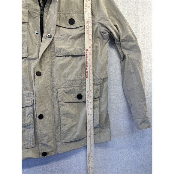H&M Mens Coat Med Khaki Multi Pocket Button Jacket Hidden Hood Windbreaker *spot - Picture 7 of 15